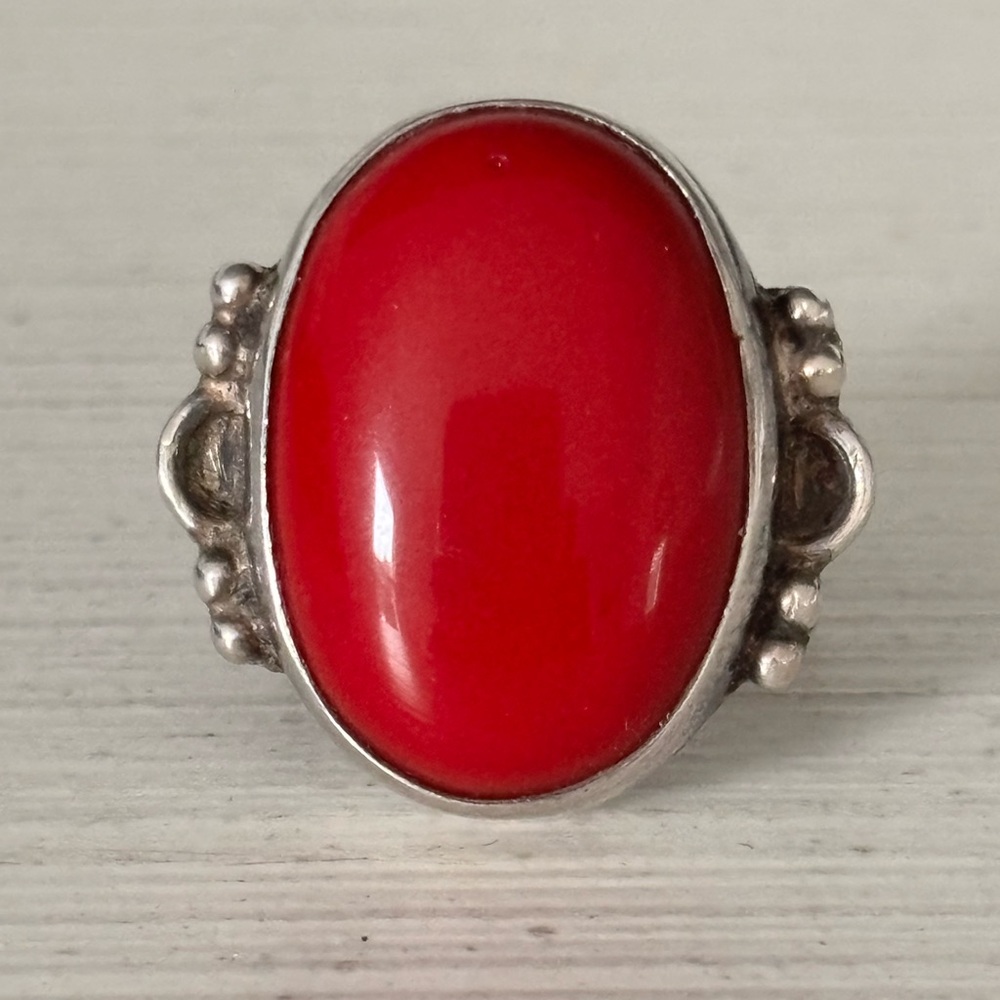 Red and Silver Ornate Cabochon Ring